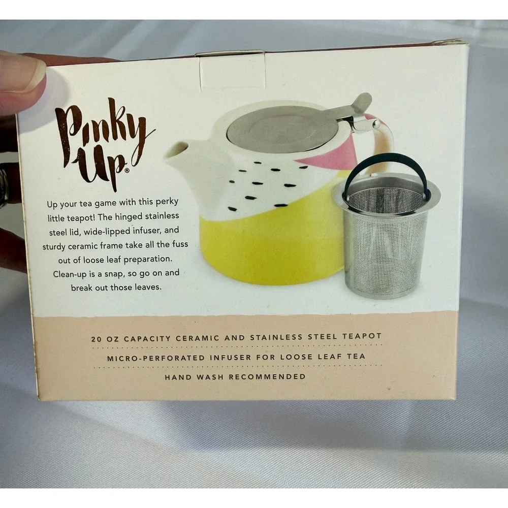 NEW Pinky Up Harper Ceramic Teapot & Infuser 20 oz Pink Yellow Abstract Design